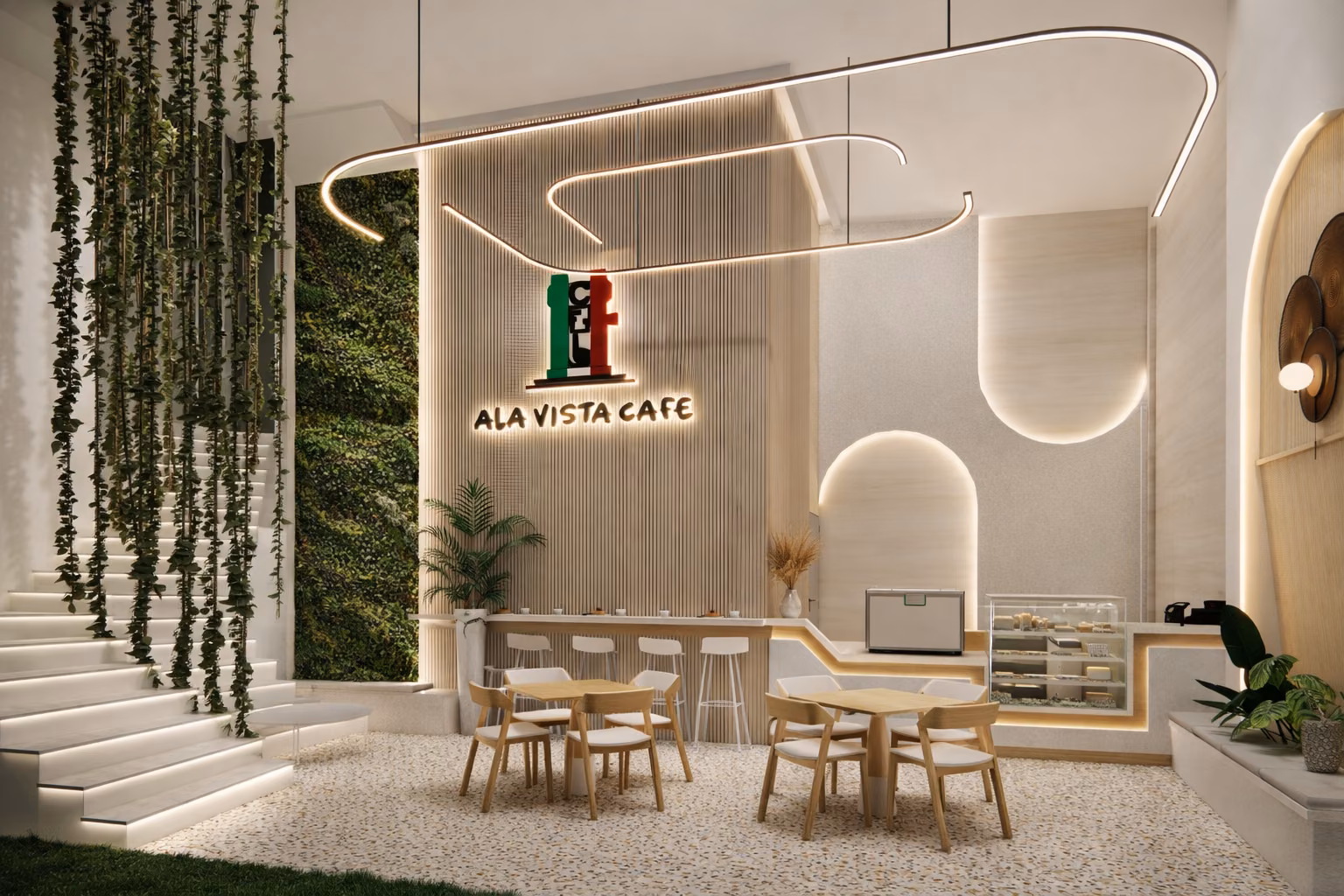Ala Vista Cafe in Ajman, a minimalist cafe interior designed by Forklyft Studio