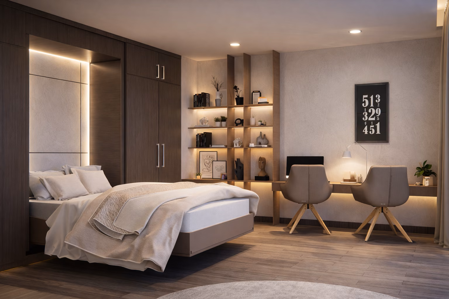 Hotel suite bedroom with warm wood panelling