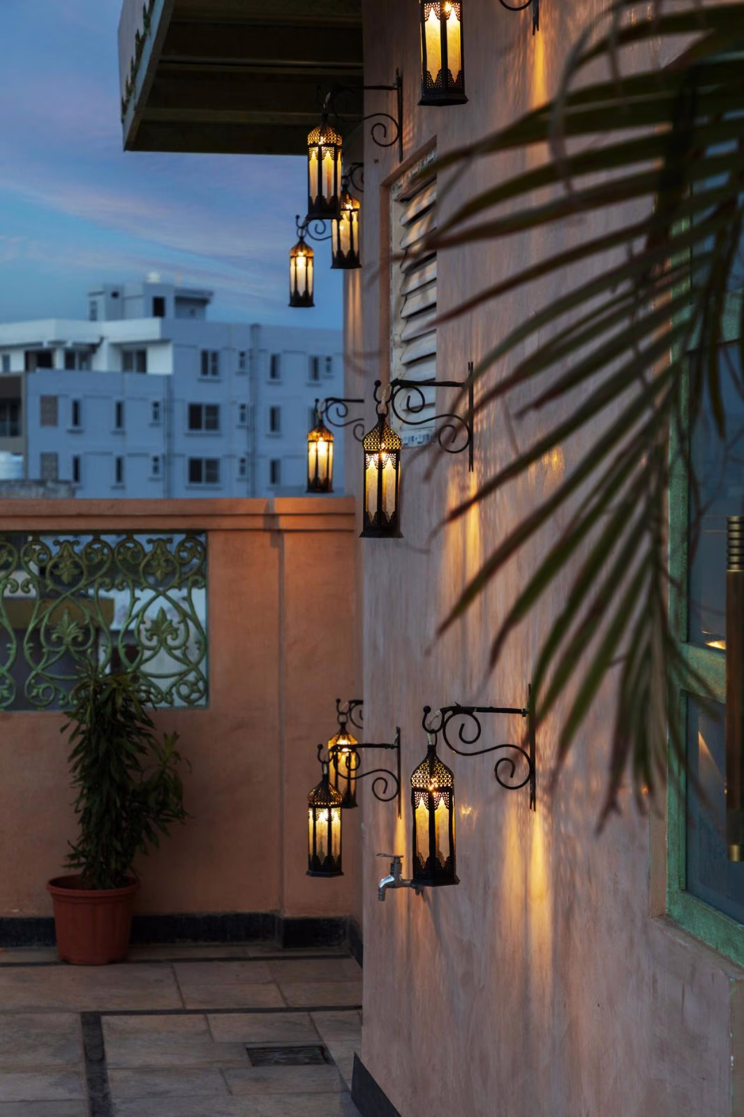 Evening balcony lighting and planting