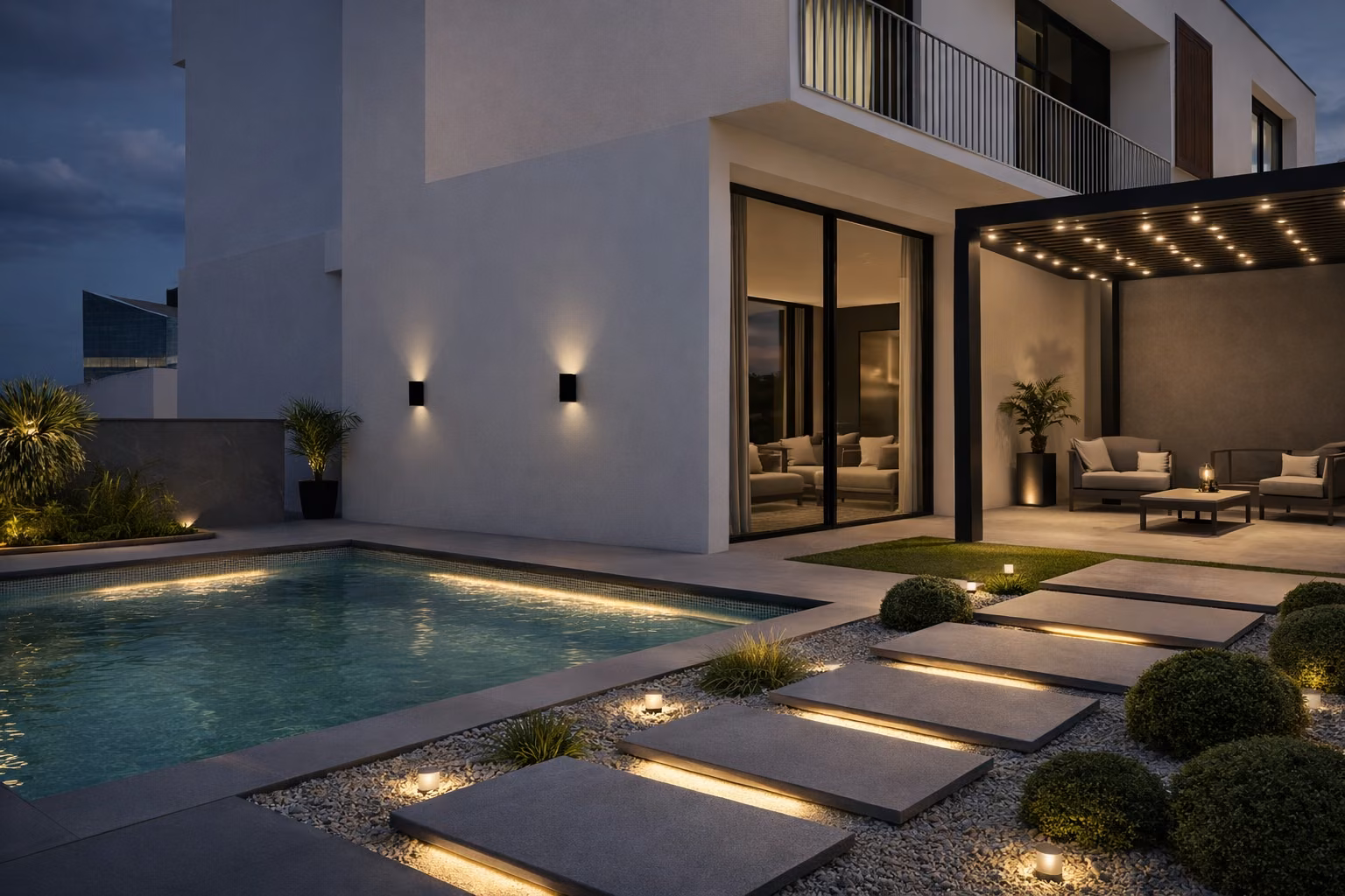 Landscaped pool deck with pergola lighting by Forklyft Studio
