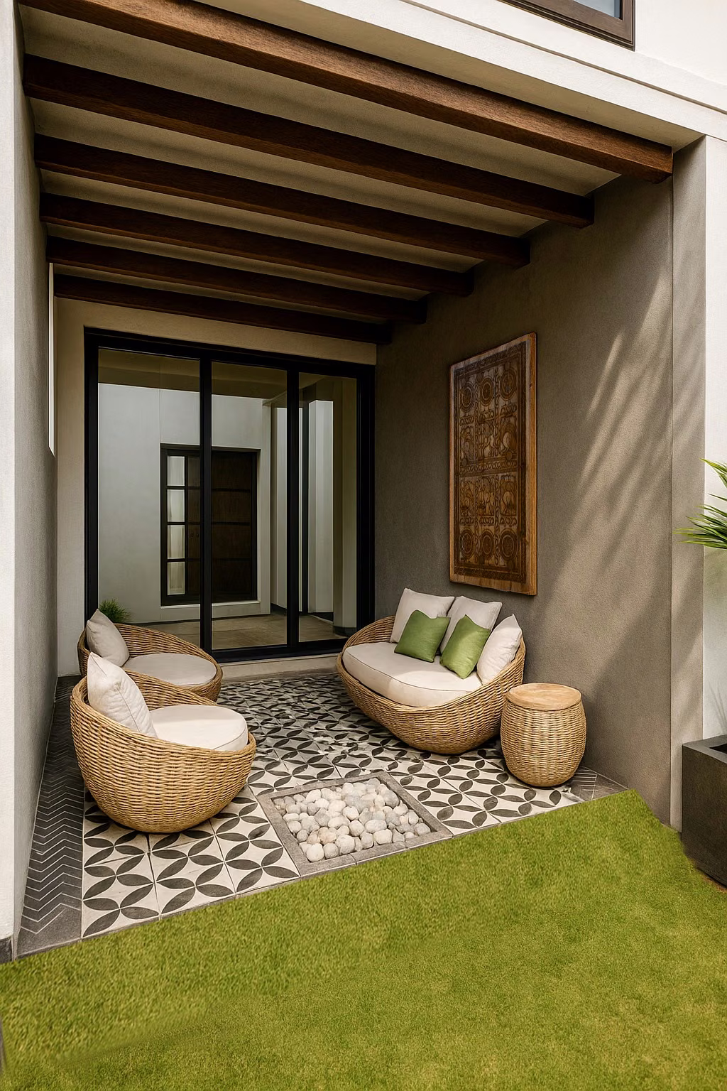 Outdoor terrace seating with planting