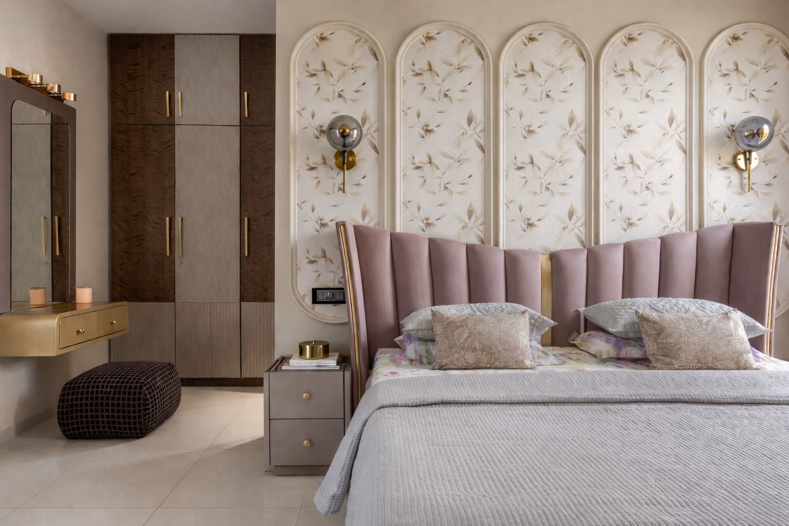 Bedroom with arched wall panelling by Forklyft Studio