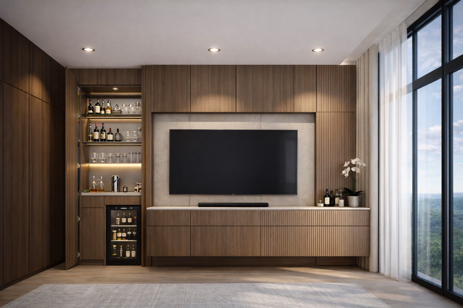 Living room media wall in timber and veneer panelling