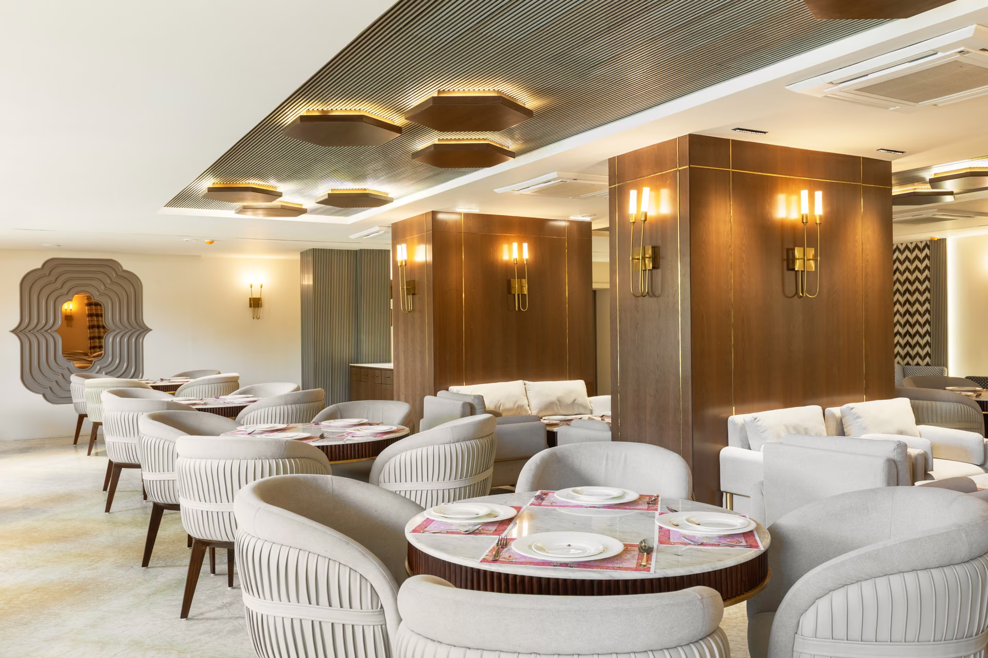 Restaurant interior with layered lighting